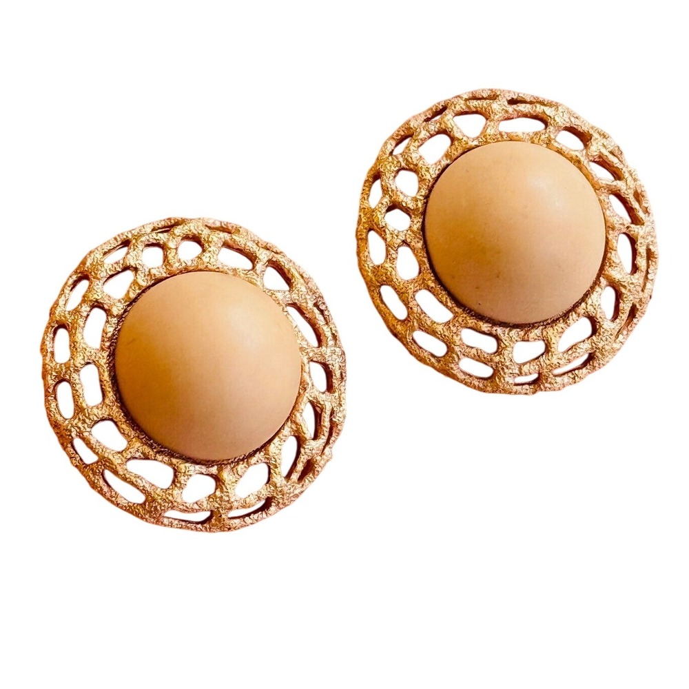 Monet‎ cabochon Earrings VTG Clip Signed round rose Gold Rare Chunky textured